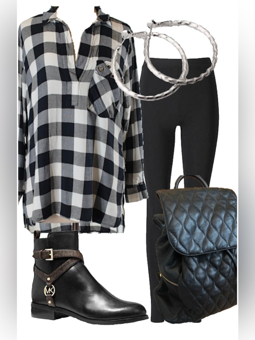 Zara Black and White Buffalo Plaid Button-Detail Blouse